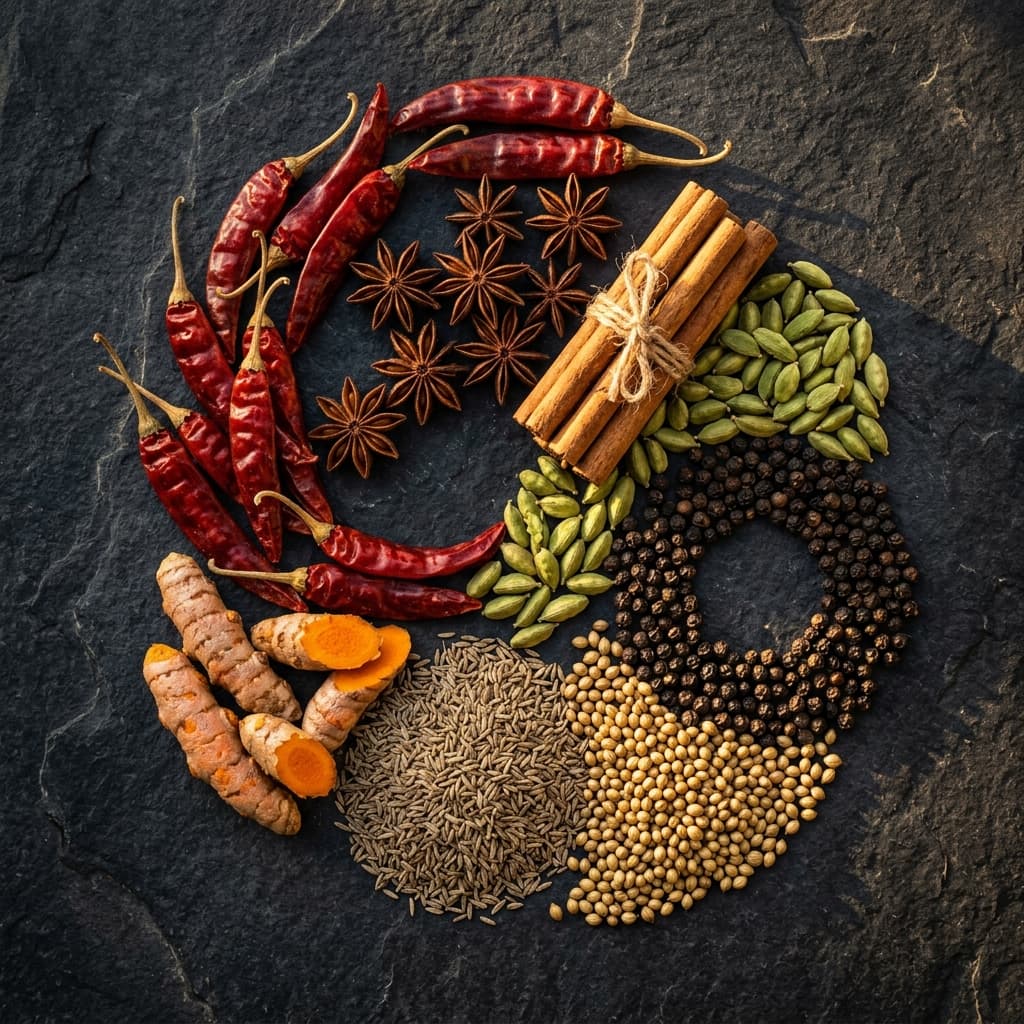 Rich Indian whole spices spread on dark stone